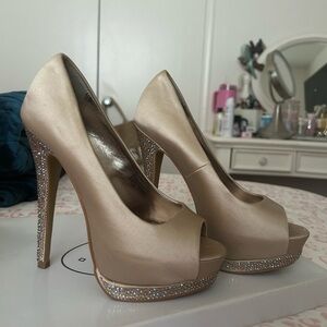 Steve Madden Champagne Platform Peep-Toe Heels with Crystal Stiletto